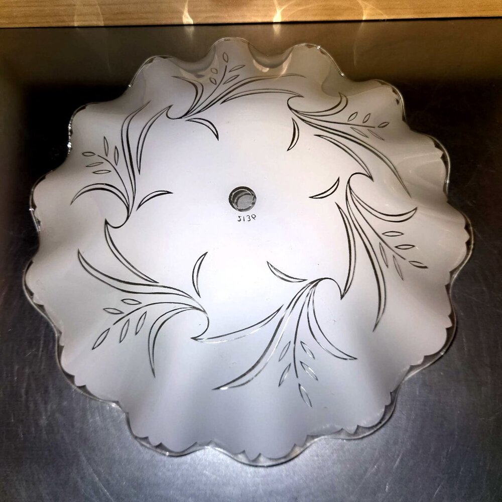 Vintage MCM Frosted Glass Ceiling Light Shade with Etched Leaf Design EUC 12"